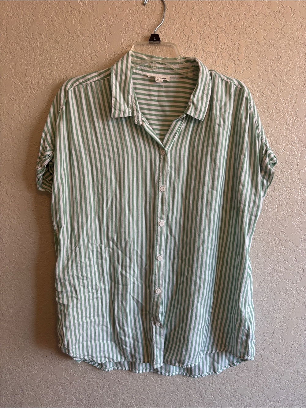 beachlunchlounge Green and White Striped Button-Down Shirt